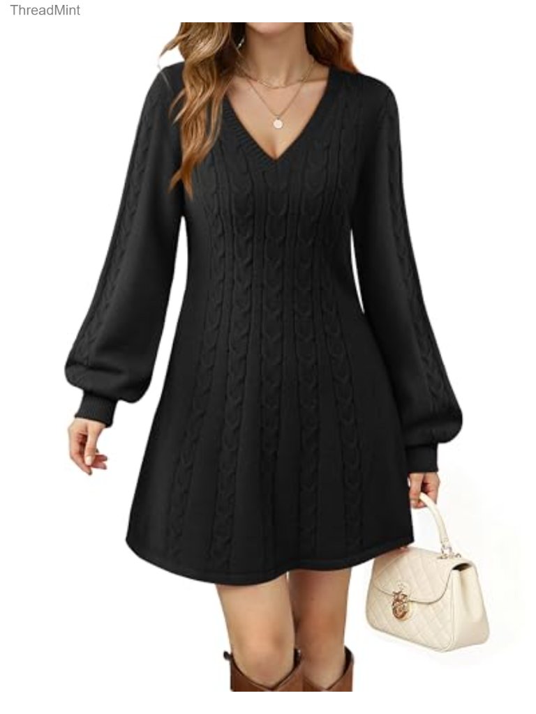V-Neck Long Sleeve Cable Knit Babydoll Sweater Dress A-Line Mini